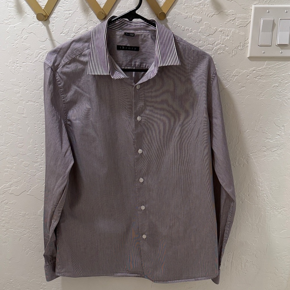 Theory Men's Purple and White Striped Dress Shirt - Large